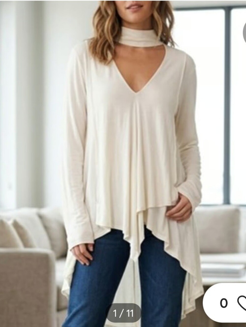 Free People Cream V-Neck Long Sleeve Flowing Turtleneck Top